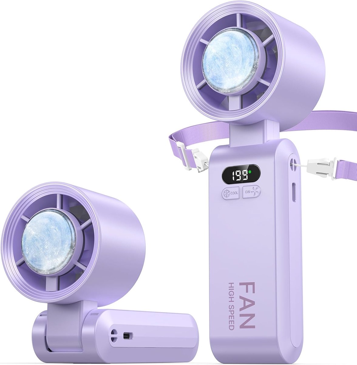 Draagbare handventilator met koelelement – snelheid (1-199) – 3600 mAh – oplaadbare persoonlijke ventilator – mini maar krachtig – kleine zakventilator – geschikt voor op reis/buiten/thuis/op kantoor – paars - twee