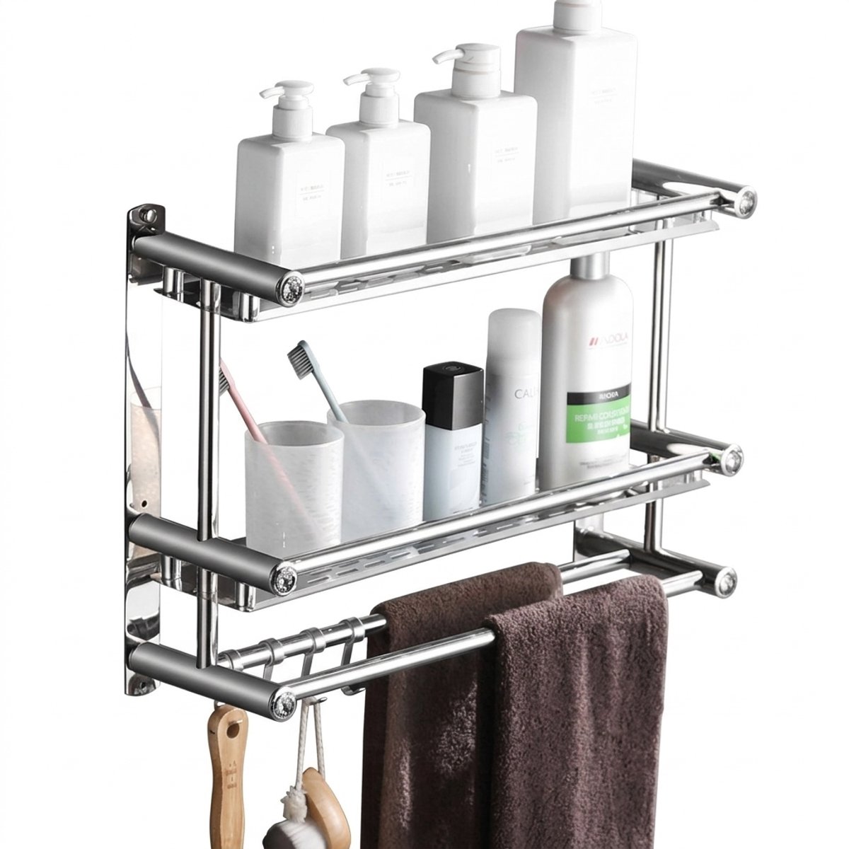 Hearyoo Badkamer Opbergrek 60 cm - Douche Rek Zonder Boren - SUS304 - Met Handdoekenrek en 5 Haken