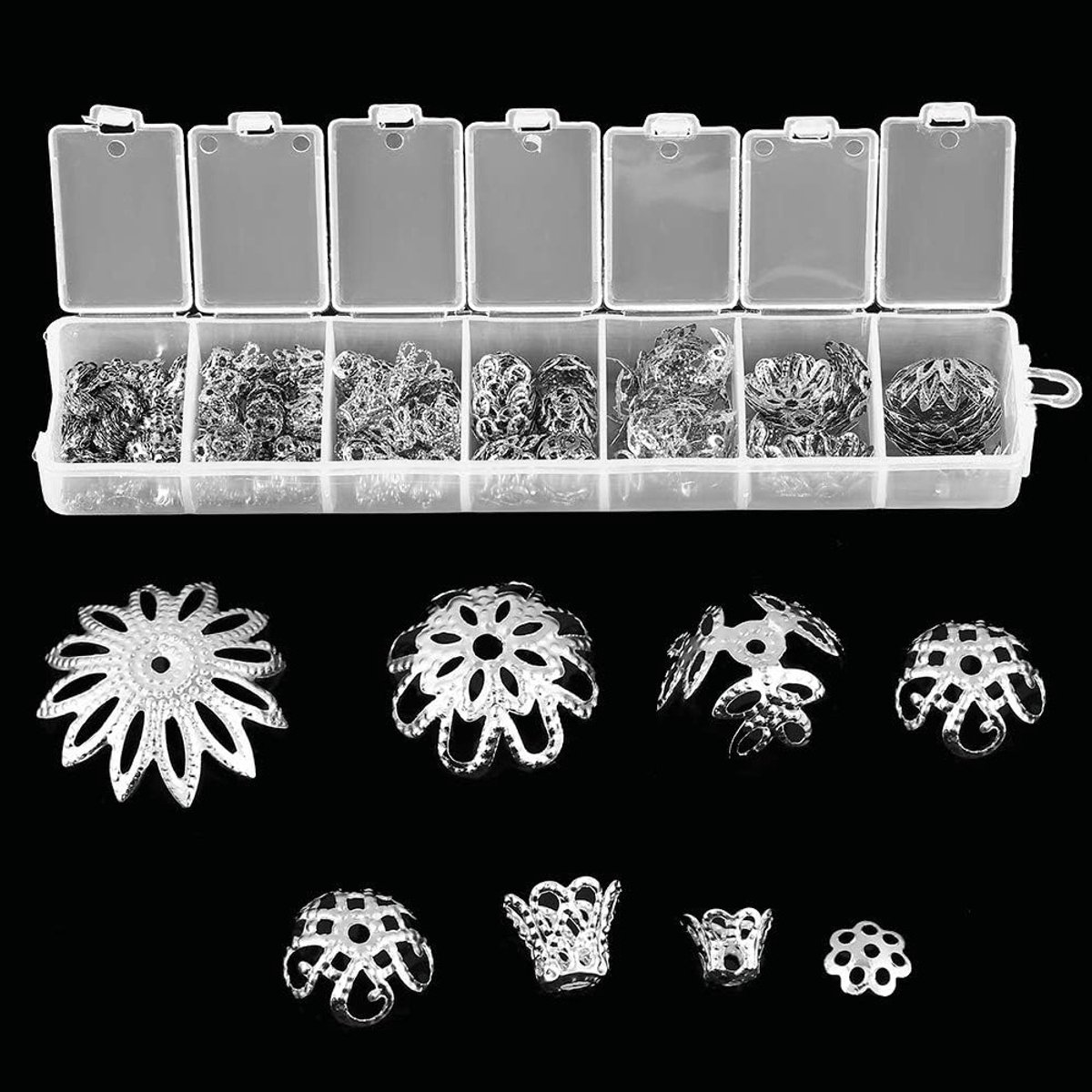300 Stuks Caps in 2 Kleuren en 7 Maten, Bloem Spacer en Hoedje, Metaal Accessoires voor Sieraden en Knutselprojecten