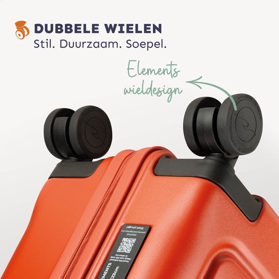 Close-up van de dubbele wielen van een oranje koffer met "Elements wieldesign".