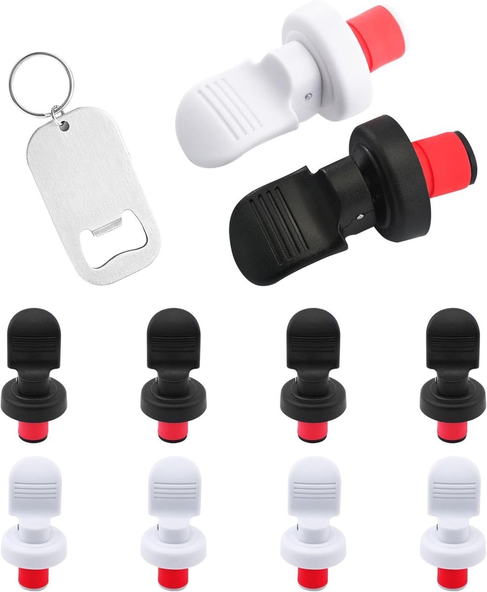 10 Stuks Herbruikbare Champagne Toppers van 15mm, Uitbreidbare Siliconen Flessenstoppen voor Wijnopslag en Versheid, Inclusief RVS Flessenopener en Handige Drinkaccessoires
