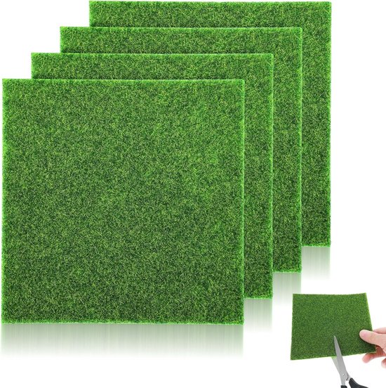 4 Stuks Kunstgras Decoratie voor Ambachten, Miniatuurtuin en Poppenhuis Versiering - DIY Accessoires voor Creatieve Projecten (15 x 15 cm)