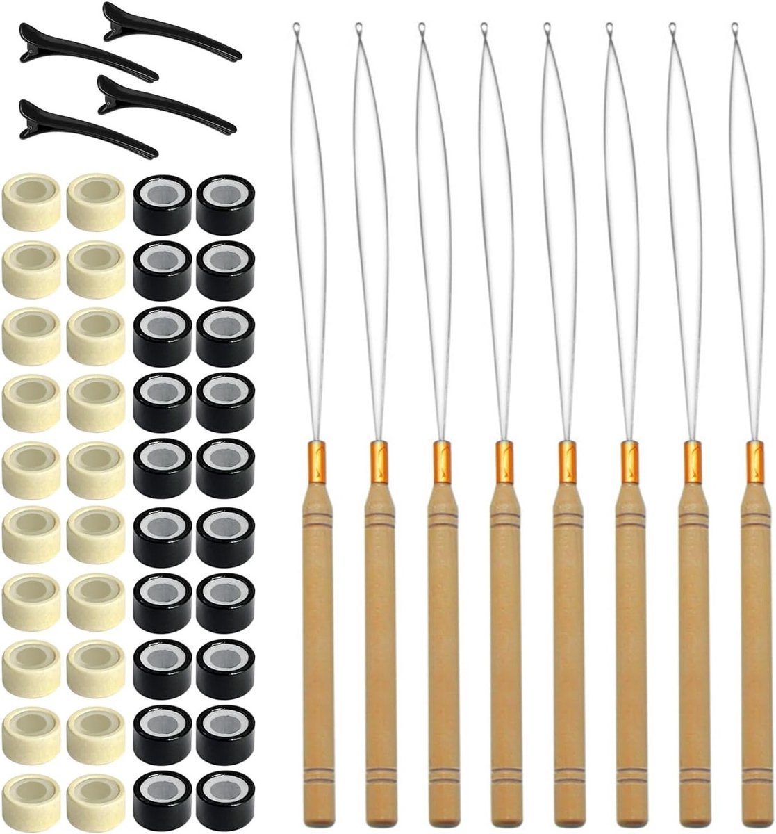 Set van 8 Haaraccessoires: 4 Duck Bill Clips, 40 Haarverlenging Ringen, Naald Draad Gereedschap en Haak met Houten Handvat voor DIY Haarverlengingen en Styling