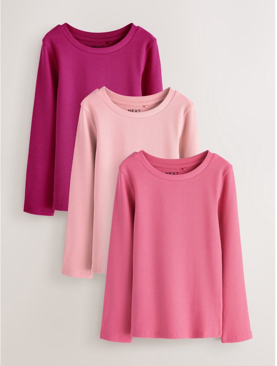 Next - Meisjes - Set van 3 geribbelde tops met lange mouwen - Roze