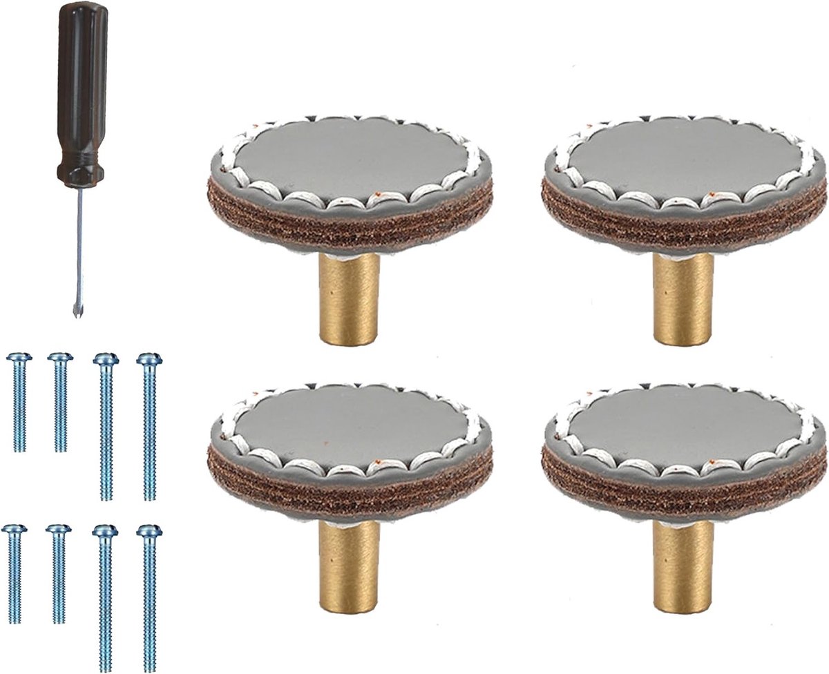 Set van 4 Leren Grijze Ronde Kastknoppen - Handvatten voor Keuken, Slaapkamer en Kledingkast