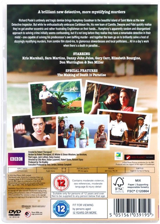 Achterkant van de Death in Paradise DVD, met foto's van de cast en de tekst 'The Making of Death in Paradise'.