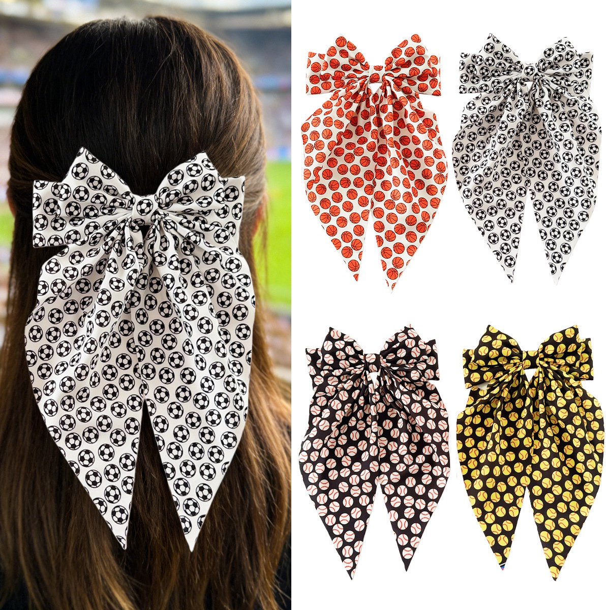 4 Stuks Voetbal Haarstrikken – Grote Voetbal Haarklemmen 6,3 x 11,8 Inch – Voor Vrouwen en Meisjes