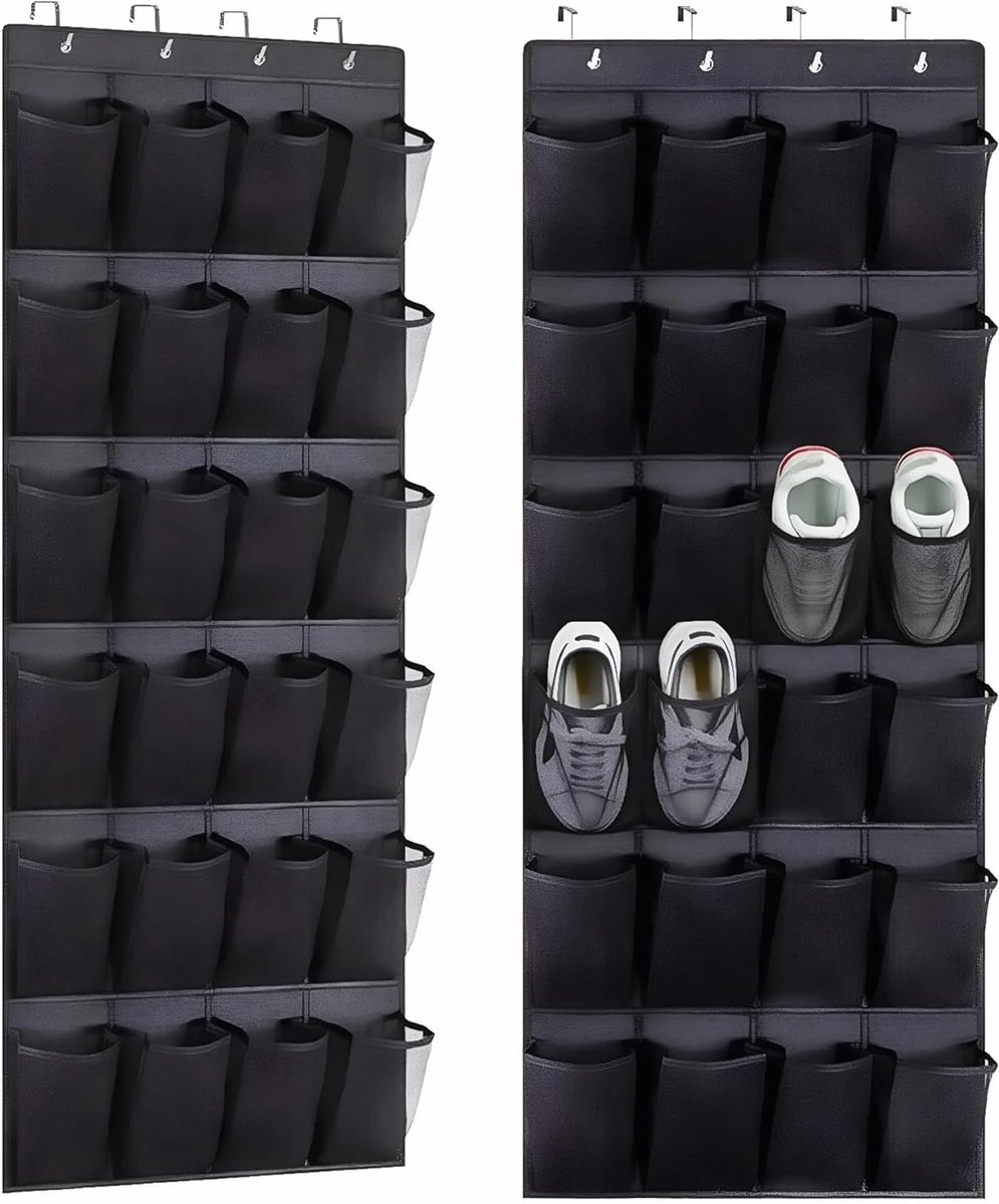 Hanging Schoenenrek met 24 Grote Vakken en 4 Metalen Haken, Ruimtebesparende Oplossing voor Schoenen en Accessoires, Zwart, 1 Stuk