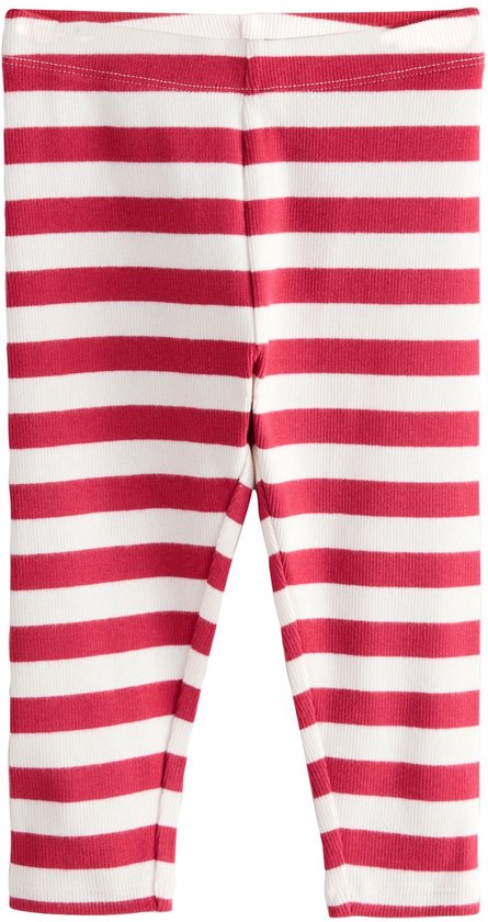 Geribbelde legging met rood-witte horizontale strepen.