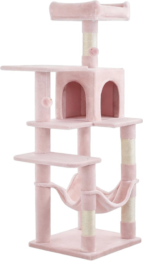 Roze kattenboom met meerdere verdiepingen, hangmat, platforms en krabpalen.