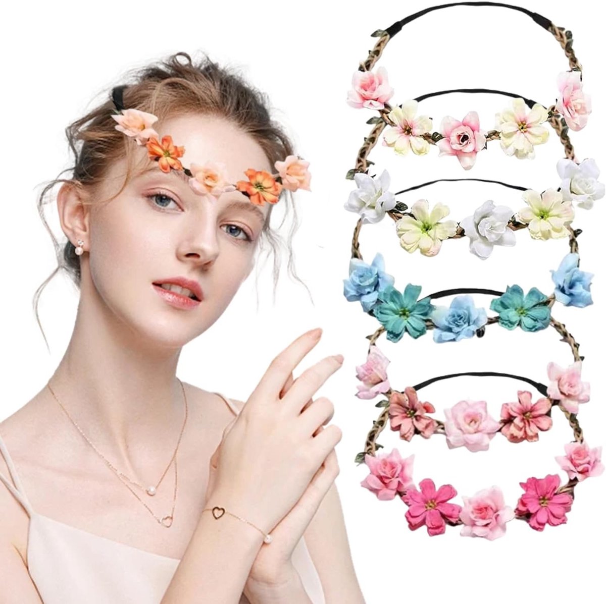 Kleurrijke Bloemenkrans Set van 6 Stukken - Verstelbare Hoofdband voor Meisjes en Vrouwen - Ideaal voor Festivals en Bruiloften, Elastisch Haaraccessoire