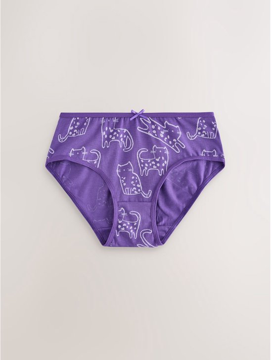 Paarse onderbroek met witte kattenprint en strikje.