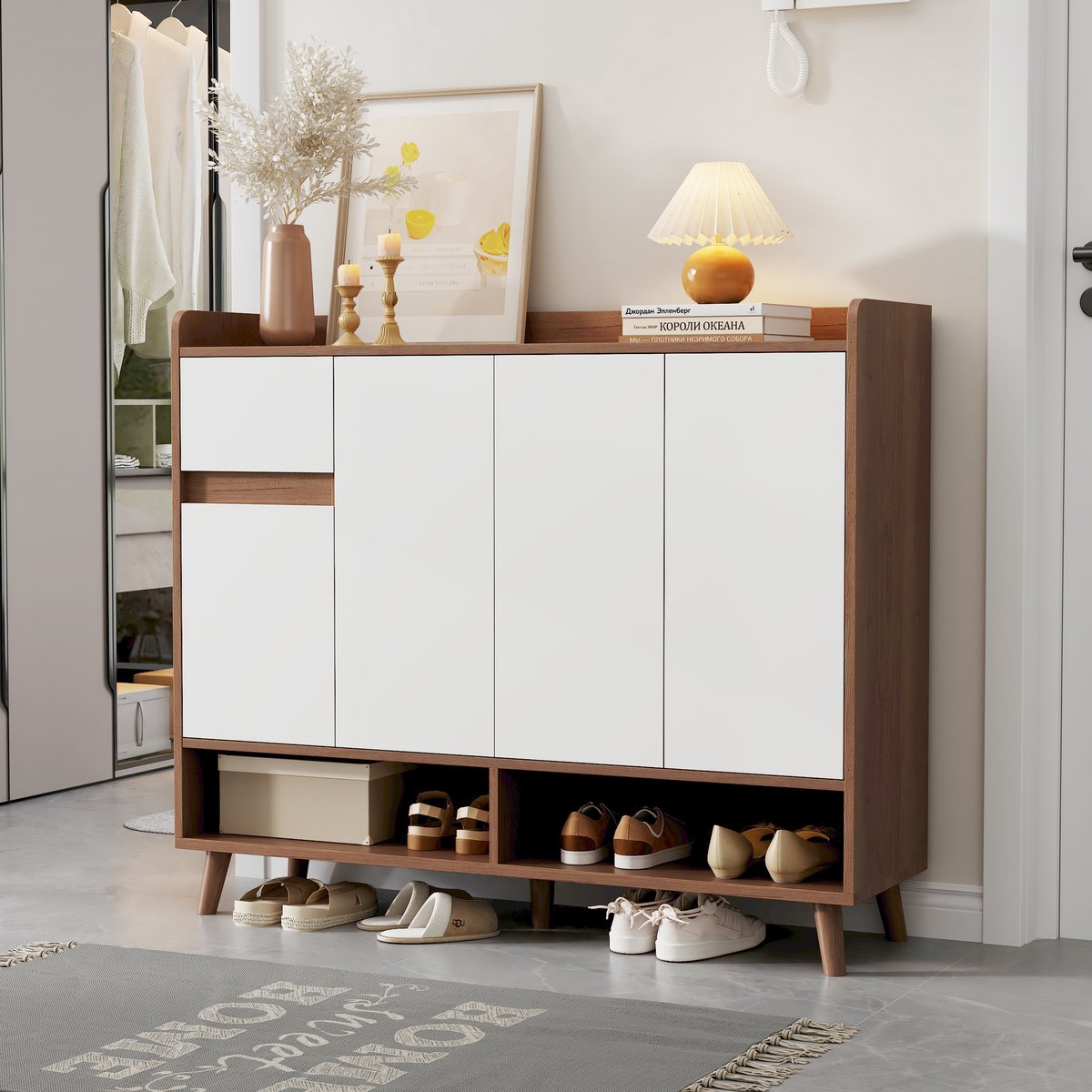 PHOEBE CAT Schoenenkast - Halmeubel - 4 deuren - met lades - Verstelbare planken - 120 x 35 x 99 cm - Wit + Naturel
