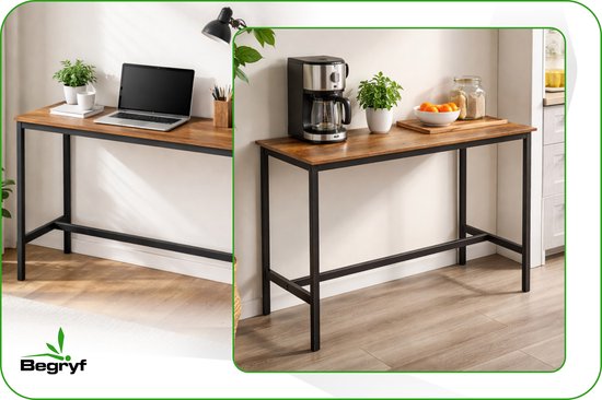 Montage van een bartafel met roestbruin houten blad en zwart frame, naast een bureau met laptop en een keukenopstelling met koffiezetapparaat.