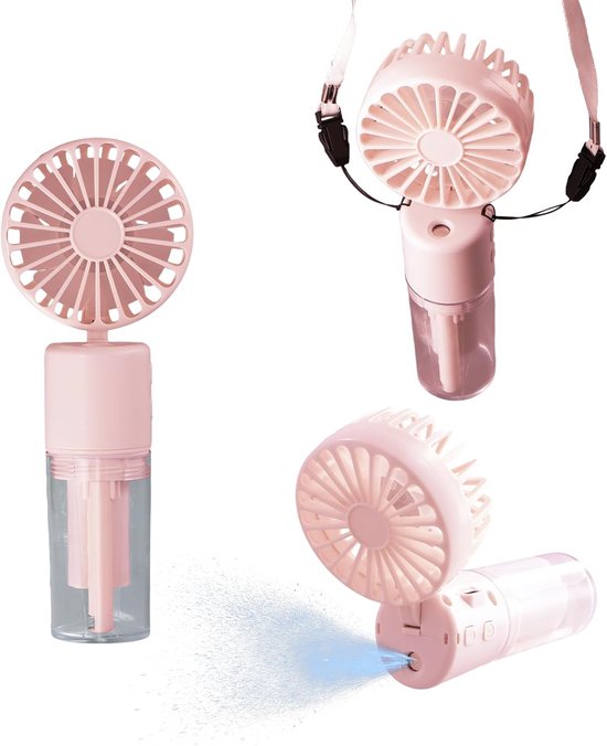 Draagbare stille ventilator 3-in-1 met mistfunctie, 4 snelheden, oplaadbaar, 180° verstelbaar, roze, 6-8 uur batterijduur