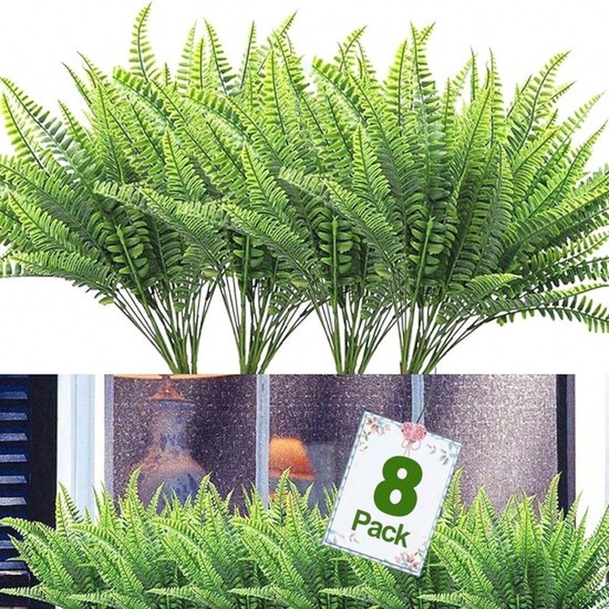 8 Bundels Kunstplanten, Nep Bostonvaren Groen voor Buiten, UV-bestendig, Kleurvast, Kunstplanten van Plastic - Kunstbloemen en -planten voor Huisdecoratie, Lentetuin, Landelijke Tuin, Veranda, Bloempot, Vensterbank, Bruiloft, Huis