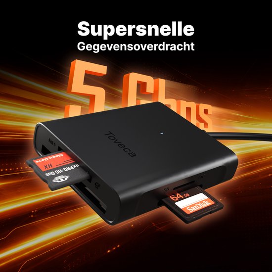 Zwarte Toveca kaartlezer met 8GB Sony Memory Stick en 64GB SanDisk SD kaart geplaatst. '5 Gbps' in tekst.