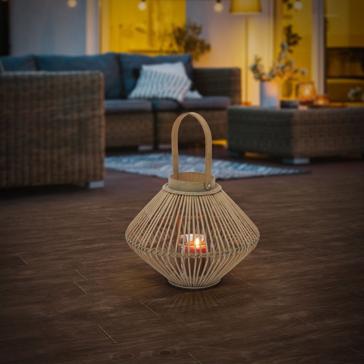 ECD Germany Bamboe lantaarn, decoratieve houten windlicht serie, grote kaarsenhouder van 44 cm hoog, luxe houtlook met glas en handvat, sfeervolle boho tuinlantaarn gevlochten stijl, moderne decoratie voor binnen buiten balkon terras en woonkamer — cadeau in Wonen & Interieur - foto 7