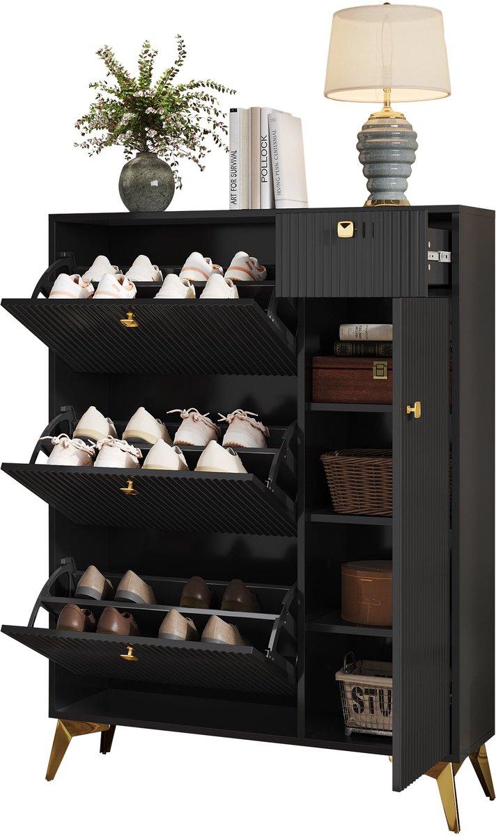 Merax Schoenenkast Smal - Schoenenkast met 3 Kleppen 1 Lade en 1 Deur - Schoenenrek Hal Kast - Opbergkast Schoenen Zwart - 90x25x121 cm