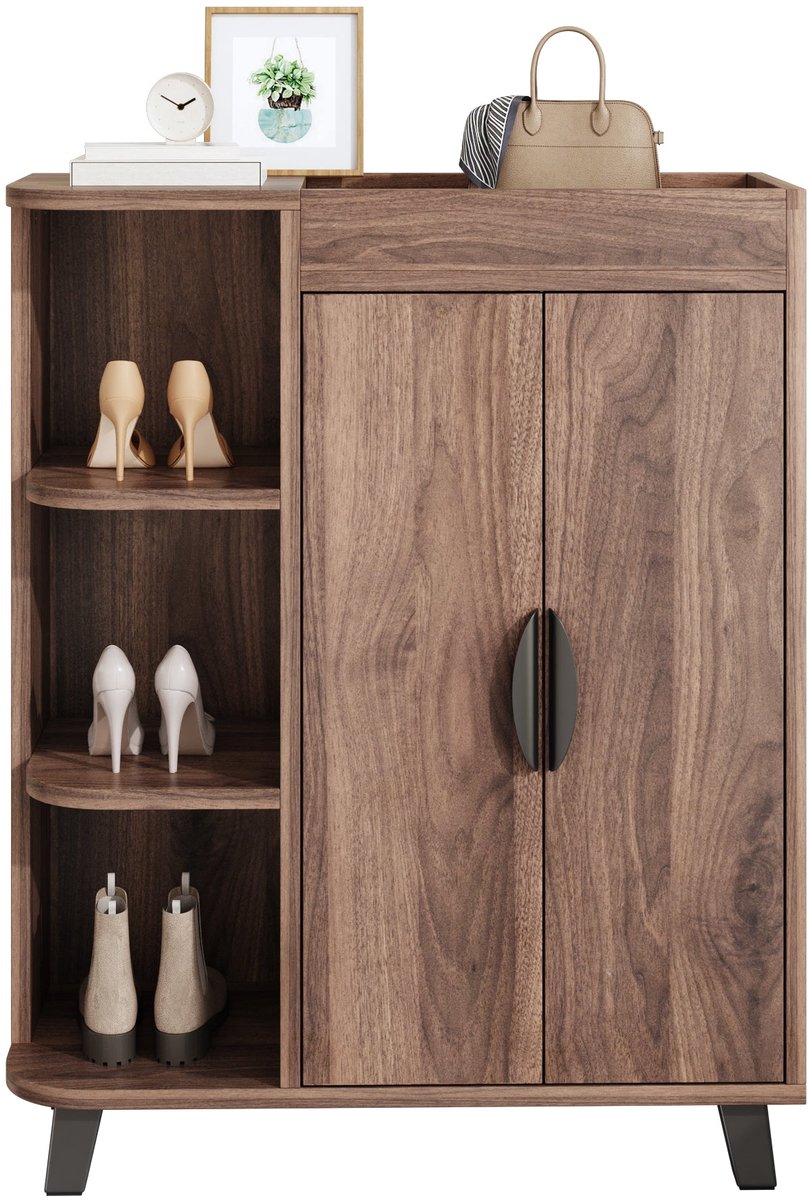Merax Smalle Schoenenkast - Schoenenkast met Deuren en Open Vakken - Schoenenrek Hal - Opbergkast Houtlook - 80x32x99 cm