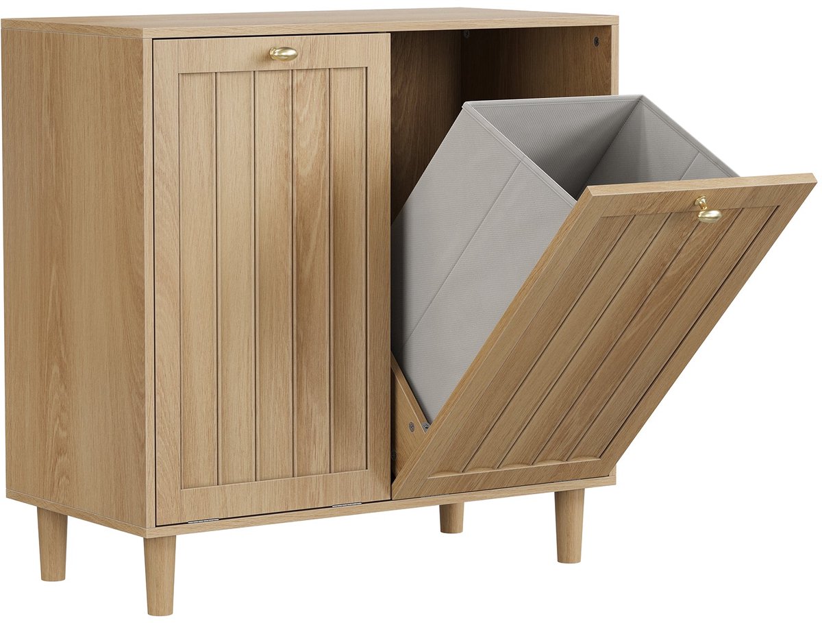 Merax Wasmand Kast - Wäschekast met Uitneembare Waszak - Smalle Wasmand Meubel - Badkamer Wasopberger - Eikenkleur 69,5x35x70,5 cm