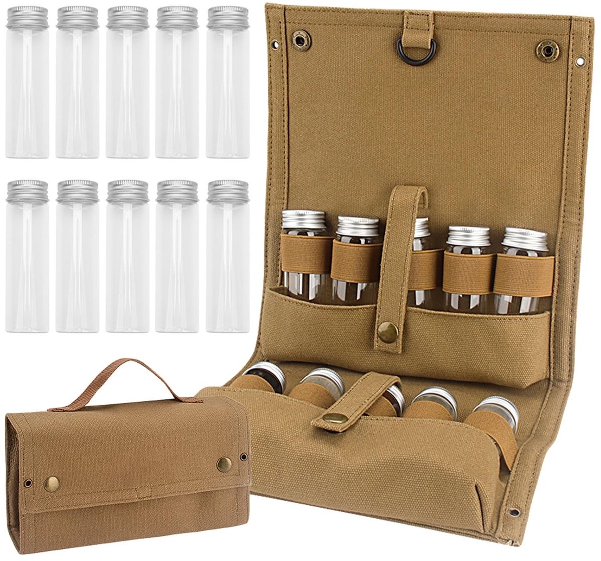 Store_9 - Camping Spice Kit - Draagbare reiskruidenset - 10-delige kruidenflessen - Khaki - Ideaal voor outdoor - Perfect voor picknicks