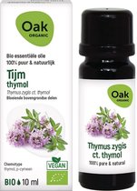Oak Organic Tijm thymol olie 10ml met bloeiende takjes tijm op de verpakking en fles. Bio & Vegan gecertificeerd.