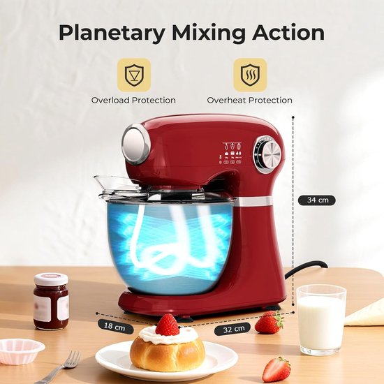 Swiss Haus® KM2005 Keukenmachine - 1000W Keukenrobot - 5L RVS Mengkom met Handgreep - 12 Snelheden - Retro Design - Multifunctionele Keukenmixer met Accessoires - Crème van Merkloos — afbeelding 4
