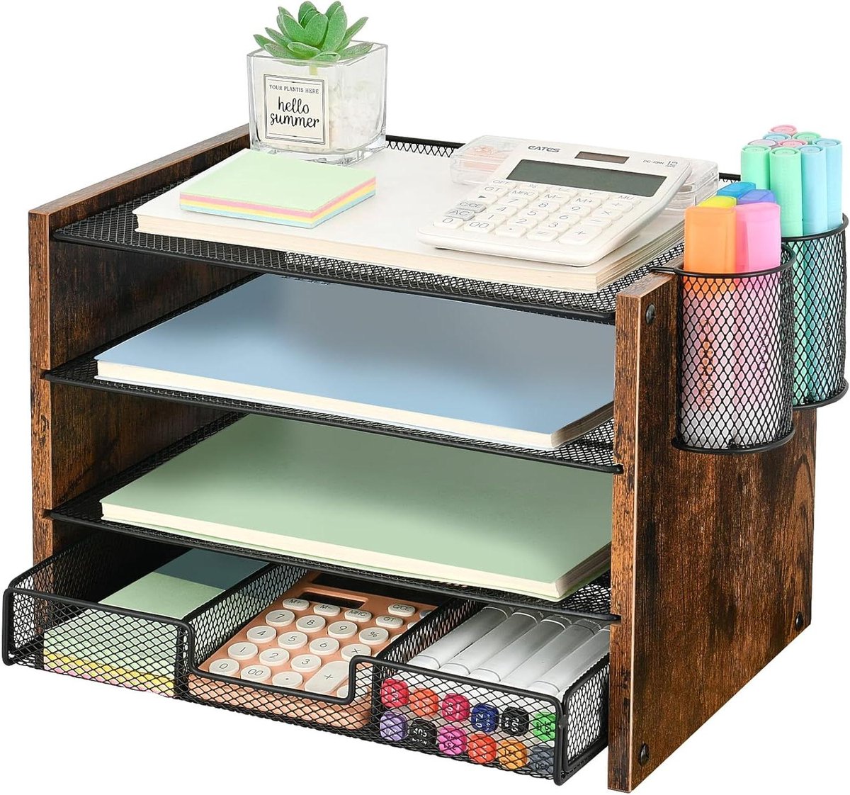 Bureau Organizer - Bestandsorganizer Papier - Werkruimte Opslag - Met Lade Pennenhouder - 4 Laags - Zwart