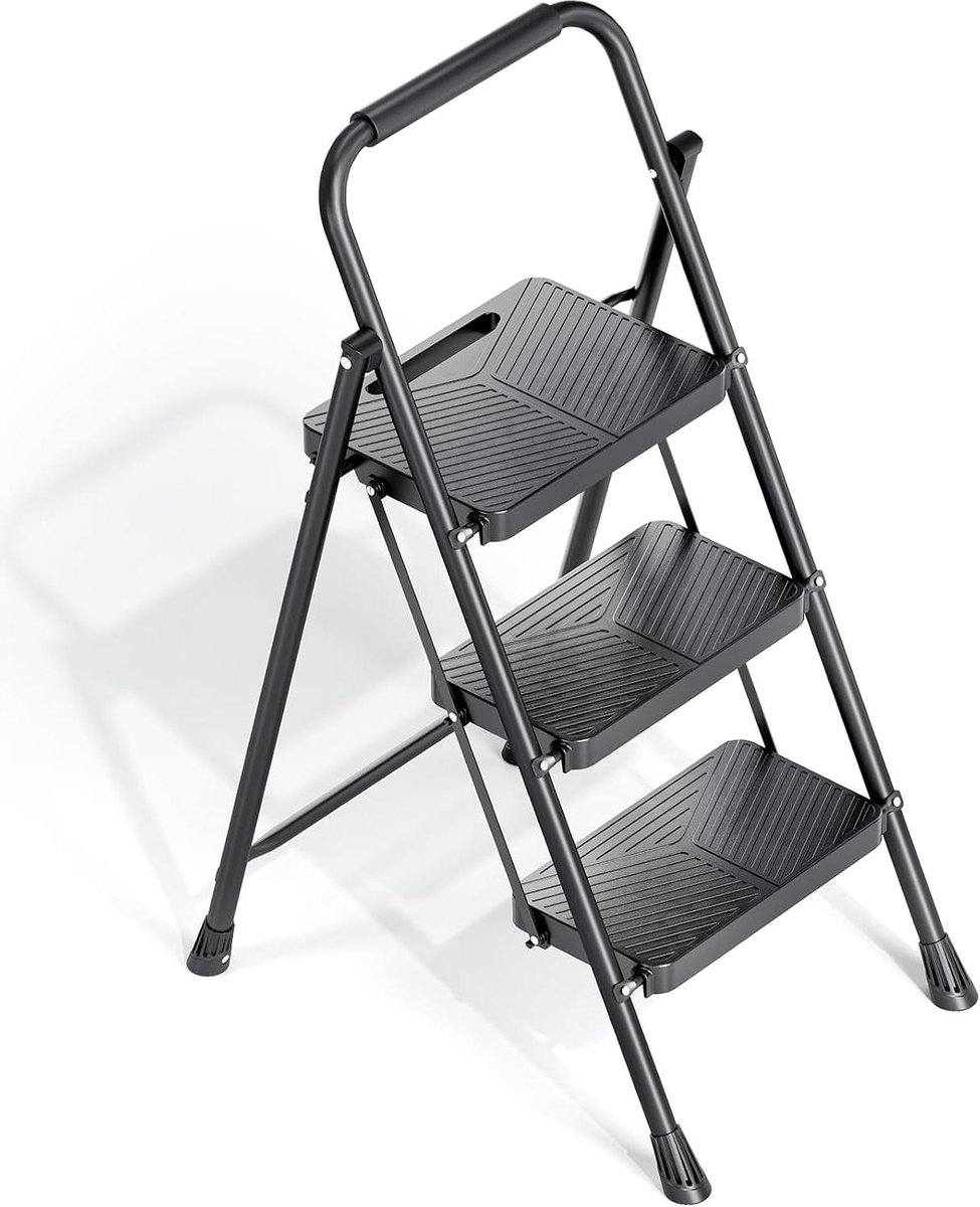 Opvouwbare Trapladder - Huishoudtrap Keukenladder - Veilig Klussen - Brede Antislip Pedalen - 3 Treden - Zwart
