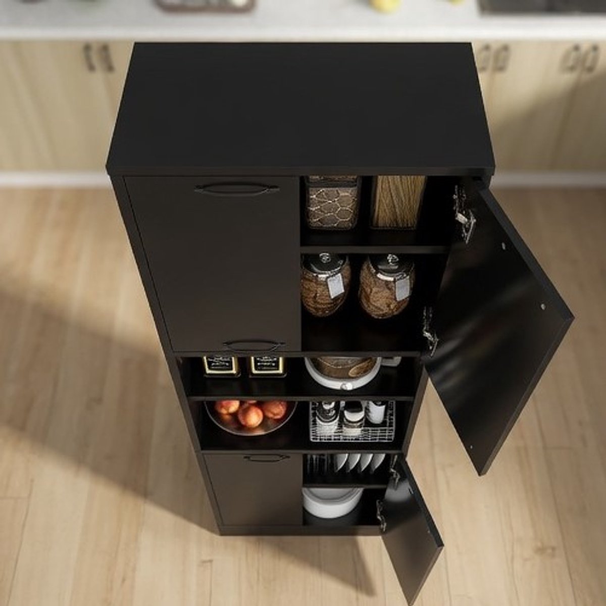 Hoge Keukenkast / Badkamerkast 190 cm – Dressoir met 4 Deuren, 2 Open Vakken & 6 Planken –