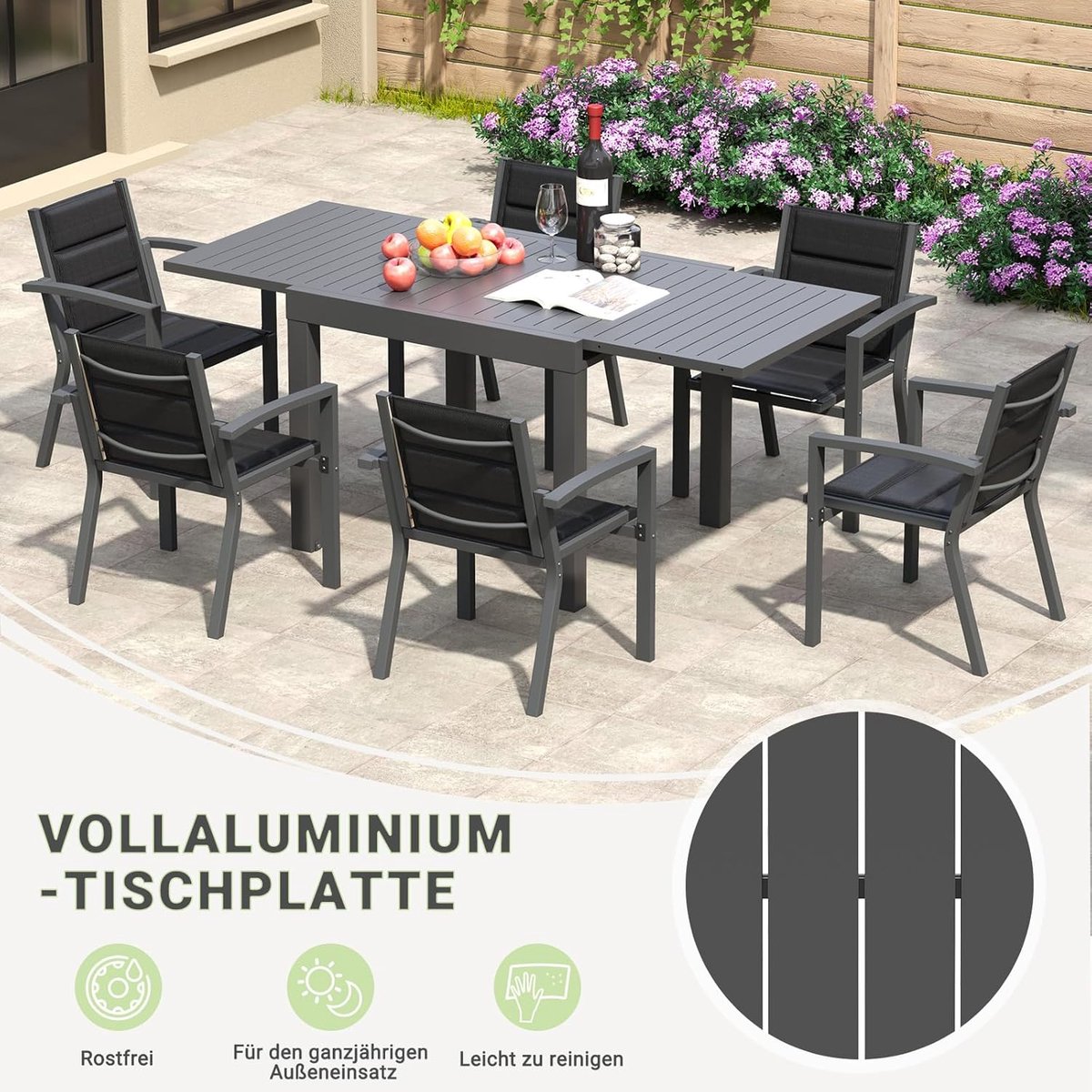 Tuinmeubelset 7-delig Uittrekbare Tuintafel 80/160x80 cm met 6 Stapelbare Tuinstoelen Aluminium Weerbestendig – Donkergrijs – HomebyNicole