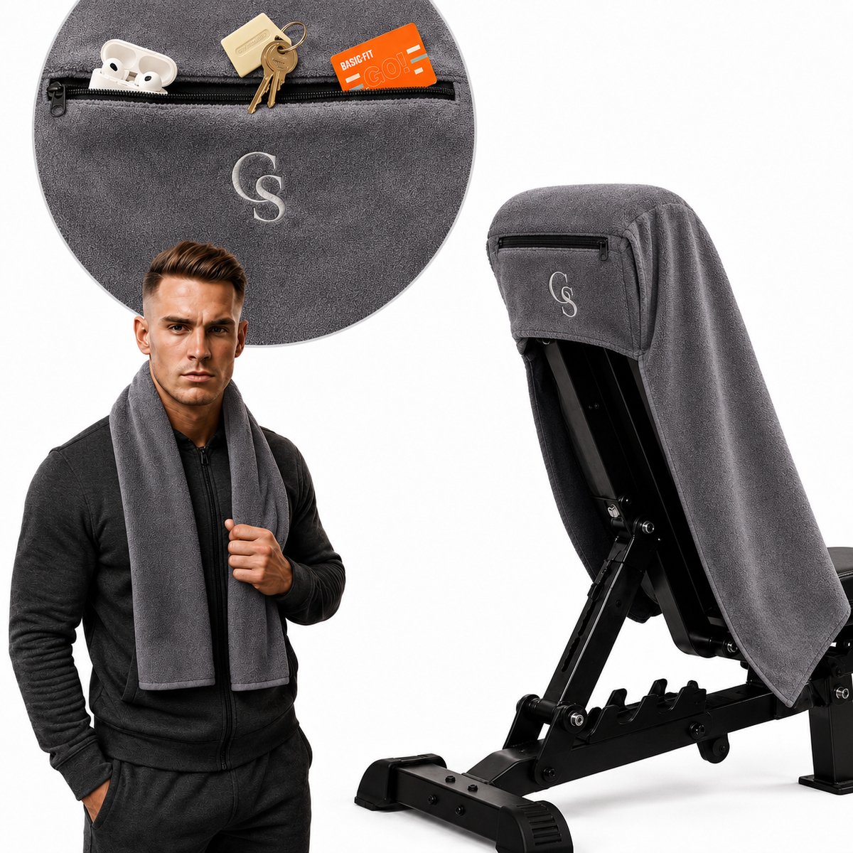 GoldStandard - Sporthanddoek - Handdoek - Fitness handdoek - Multi handdoek - Microvezel handdoek - Met Rits en Opbergvak - Grijs