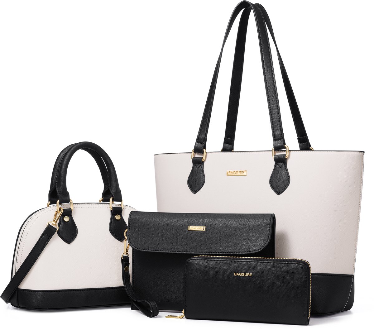 MODENUIT Handtassen - Handtas Set Voor Dames, Grote En Middelgrote Schoudertas Met Kleine En Grote Portemonnees, PU, Zwart + Wit, 33 x 26,5 cm