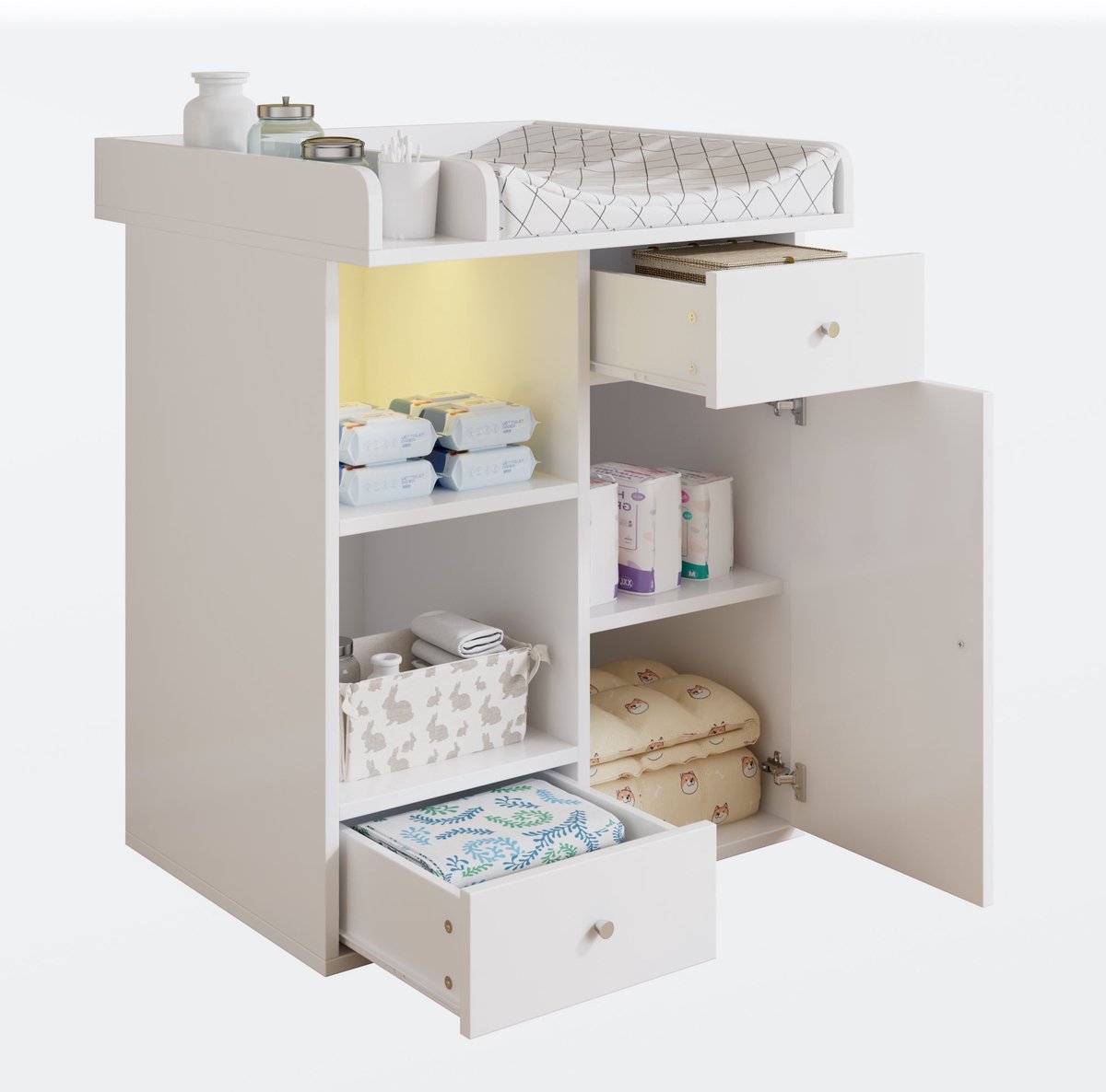 Merax Verzorgingskast Baby met Verzorgingsblad - Babykast met Verlichting - 2 Lades en Opbergruimte - Luiertafel met Opbergvakken - Wit