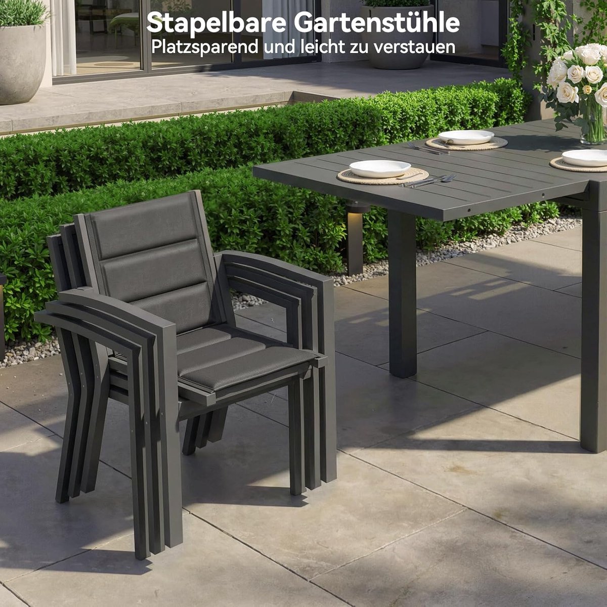 Tuinmeubelset 7-delig Uittrekbare Tuintafel 80/160x80 cm met 6 Stapelbare Tuinstoelen Aluminium Weerbestendig – Donkergrijs – HomebyNicole