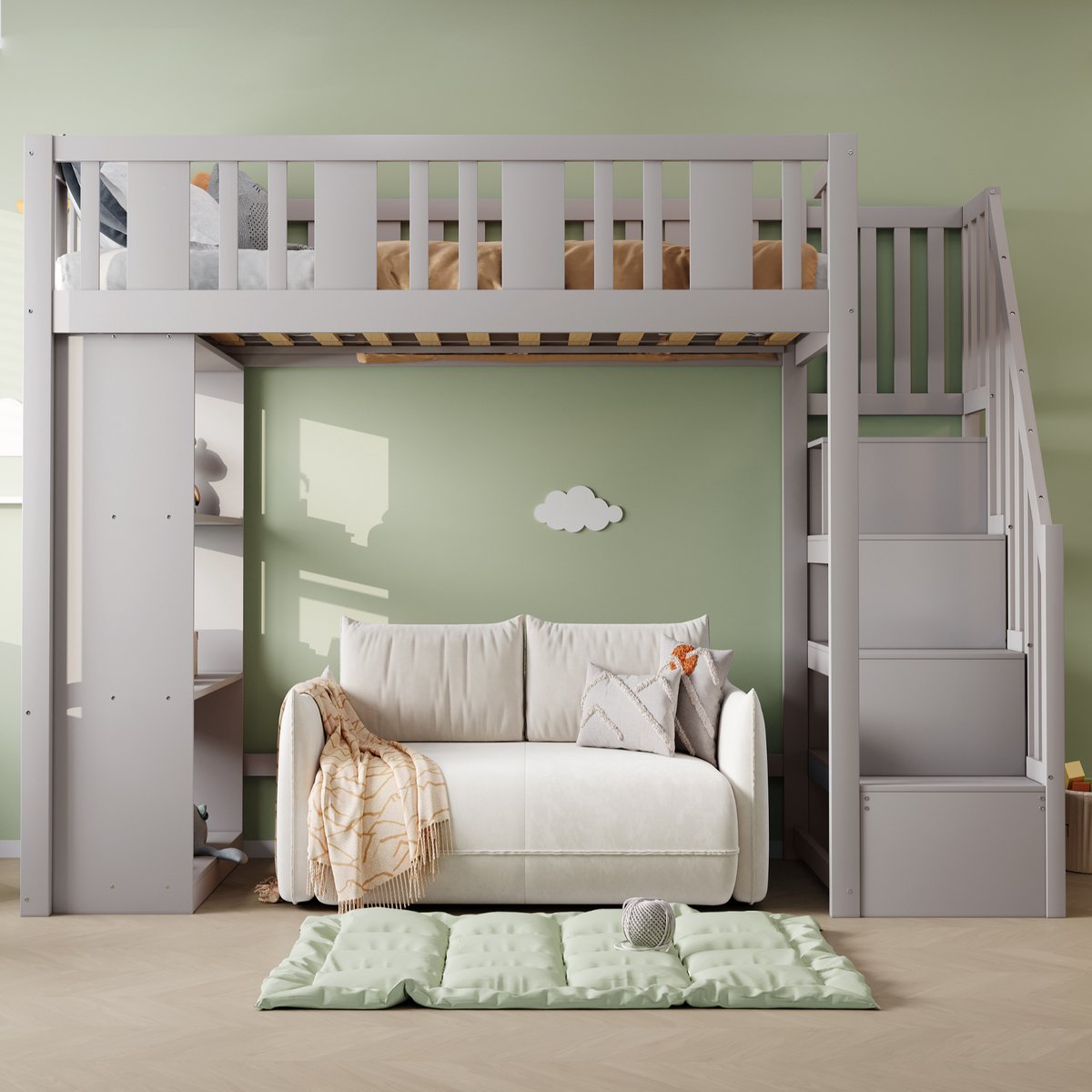VVBV Hoogslaper 90x200 / Hoogslaper met trap / Kinder hoogslaper – met Opbergruimte, Veiligheidshek, Ladder – Tienerbed – Grijs – Tienerbed 90x200