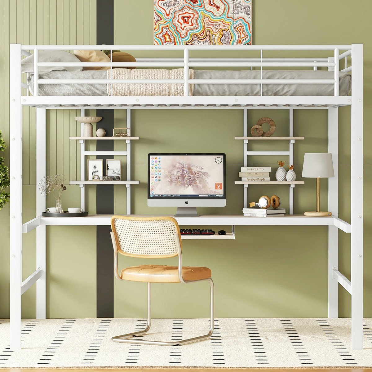 VVBV Hoogslaper 140x200 met Bureau – Opbergrekken – Metalen Frame – Wit – Voor Kinderen en Tieners – Hoogslaper met Trap – Zonder Matras