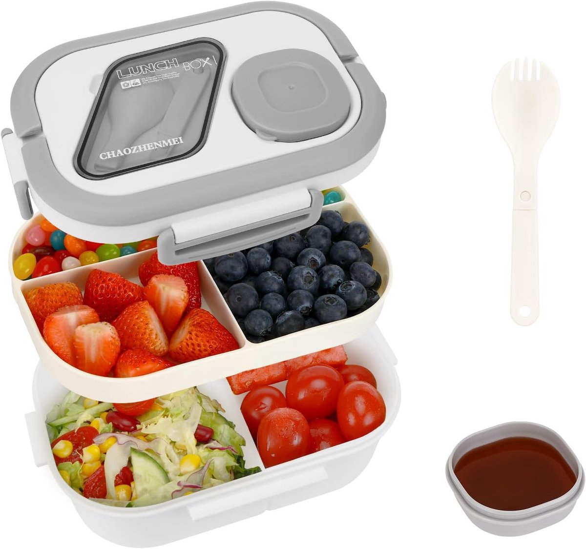 VHV - Broodtrommel - Lunchbox - Broodtrommel kinderen - Lunchbox volwassenen - 1200 ml - Lunchbox voor kinderen en volwassenen - Met 3 compartimenten - Lekvrij - BPA-vrij - Vaatwasmachinebestendig - Voor school - Picknicks en werk - Wit