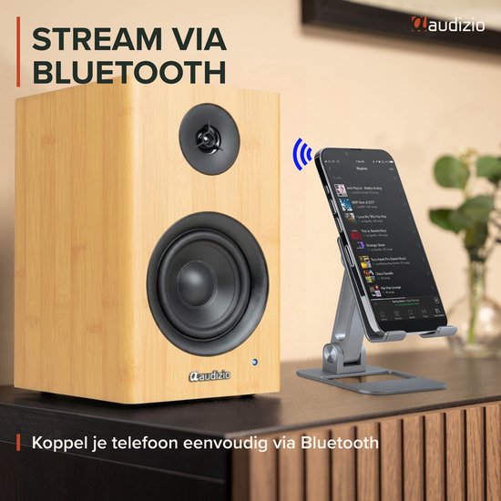 Boekenplank speakers - Audizio BS15 - Actieve speakerset met Bluetooth - HiFi speakers - 60W - Bamboe van Merkloos — afbeelding 4
