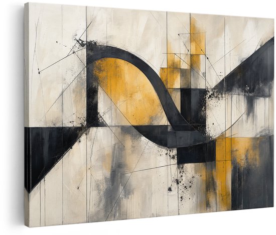 Artaza Canvas Schilderij Abstract Geometrisch Kunstwerk - Zwart Geel en Grijs - 90x60 cm - Wanddecoratie Woonkamer - Schilderijen - Muurdecoratie