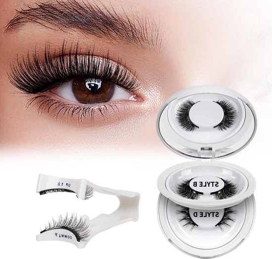 Model draagt kunstwimpers; bevat applicator en case met magnetische wimpers.