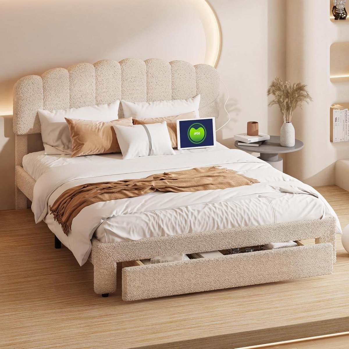 Tweepersoonsbed - Gestoffeerd bed Bedframe - Slaapkamer opbergen - Met USB-poort - 140x200 cm - Beige