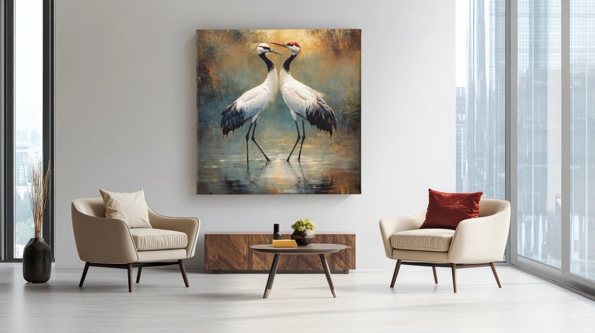 Trendex Global Vierkant Canvas Schilderij Kranen Liefde - Romantische Vogels in de Natuur - Wanddecoratie Woonkamer - 60 x 60 cm Kleurrijk
