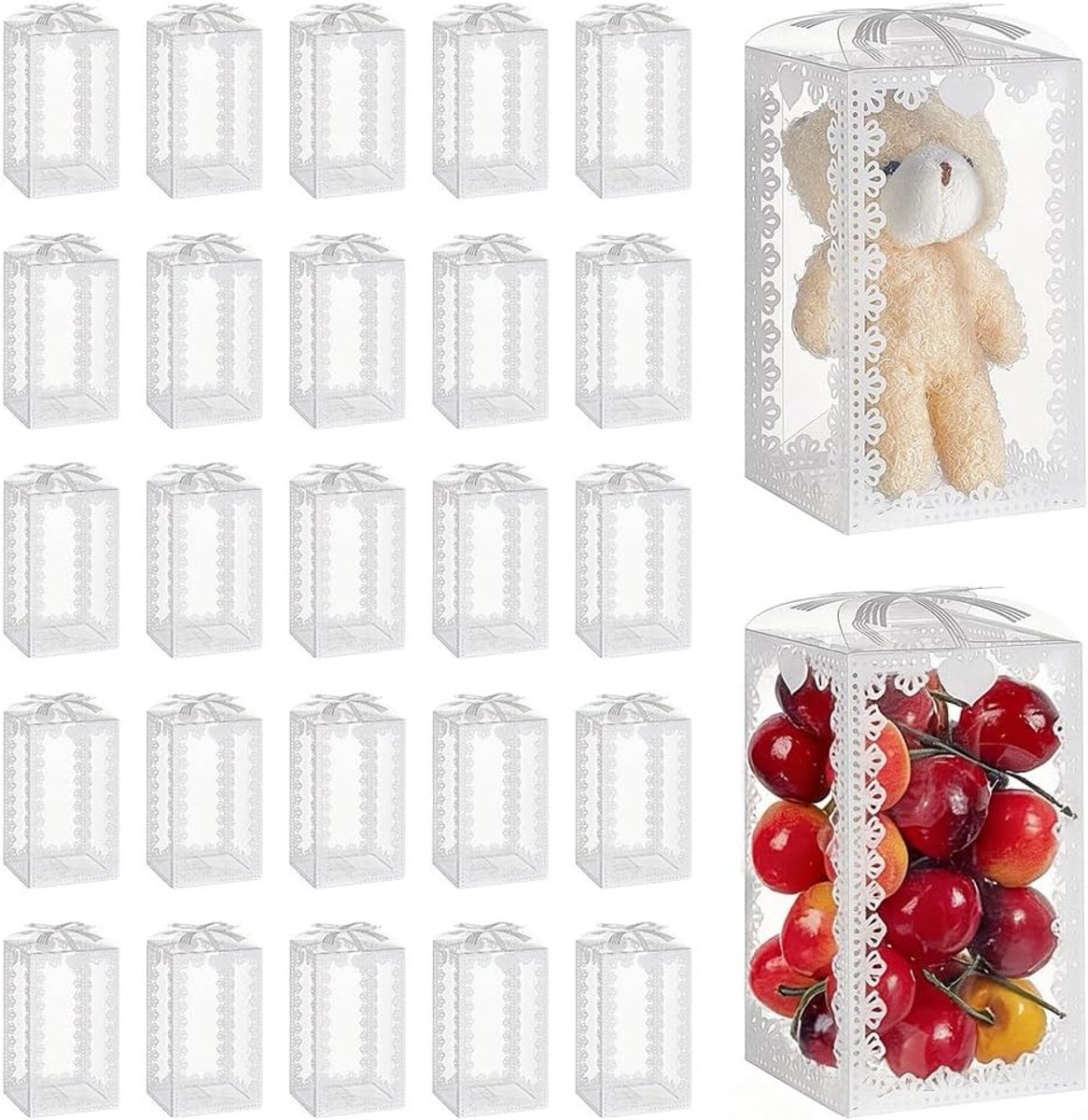 60 stuks doorzichtige plastic geschenkdozen met strik, 7 x 7 x 12,1 cm, ideaal voor bruiloften, cadeauverpakking voor feestdagen en Moederdag geschenken