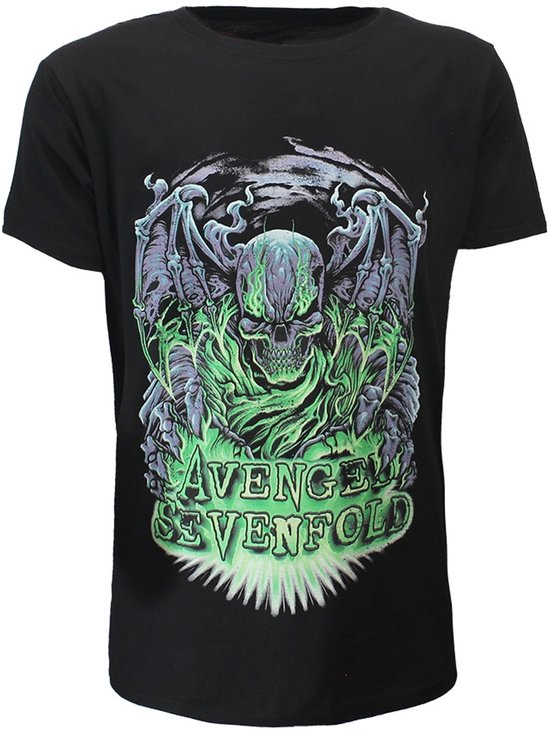 Zwart T-shirt met groen-paars demonen-schedelprint en 'Avenged Sevenfold' tekst.