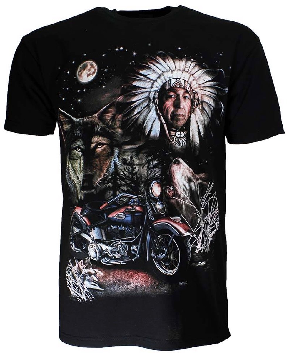 Native American Indiaan Motor Wolf Maan T-shirt - Origineel Design - M