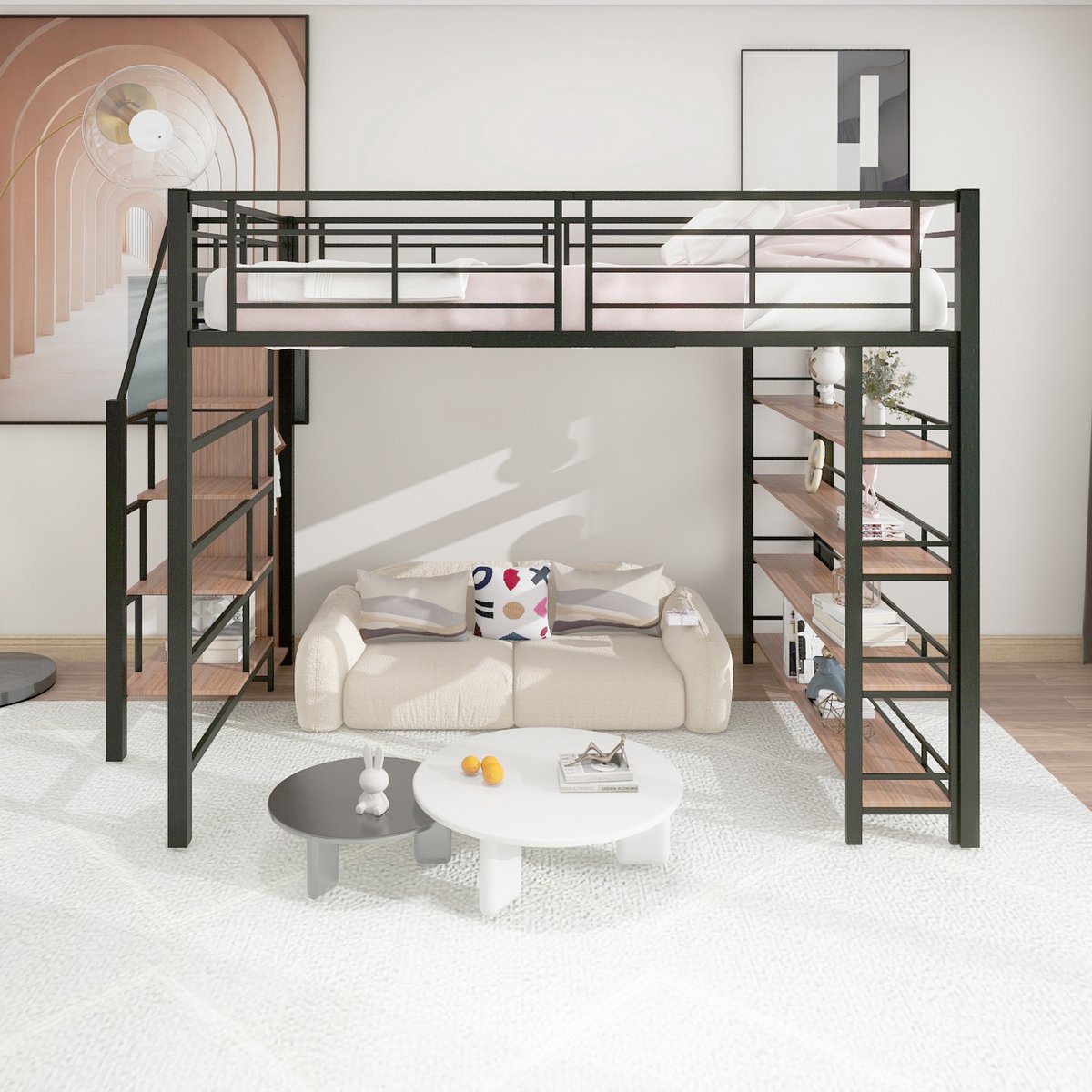 VVBV Hoogslaper 140x200 – Voor Kinderen en Tieners – met Opbergruimte – Hoogslaper met Kledingkast – Hoogslaper met Trap – Hoogslaper met Kast – Zwart