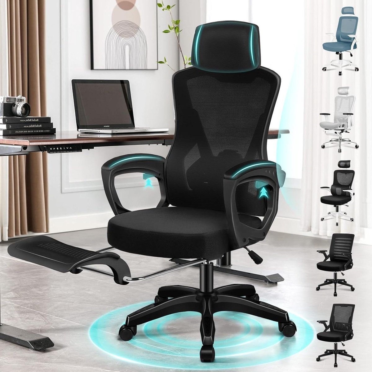 Ergonomische bureaustoel - Net stoel computerstoel - Comfortabel werken - Verstelbare lendensteun - 68 x 68 x 124 cm - Zwart