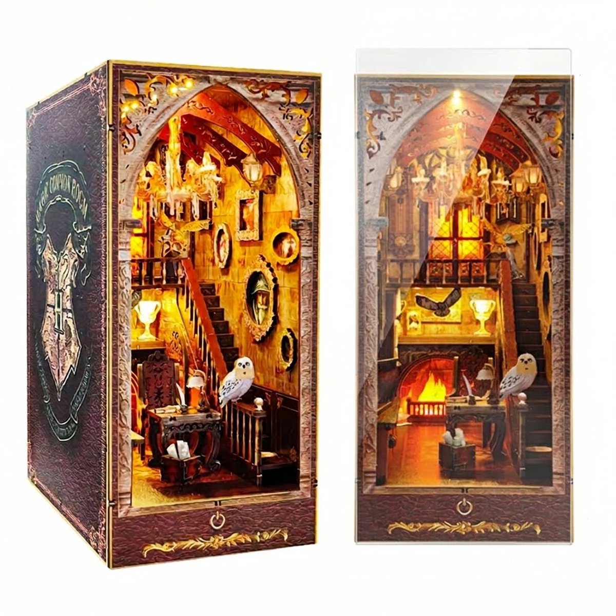 Luxe Houten Book Nook met Touch Sensor Verlichting –Miniatuur Bouwpakket Magische School DIY Boekensteun – Fantasy Miniatuur Model met Stofkap